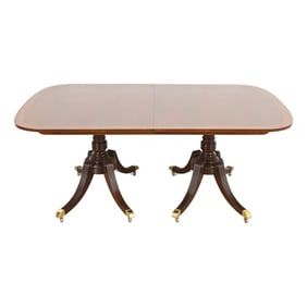 Baker Furniture Georgian Banded Mahogany Double Pedestal Dining Table, Newly Refinished