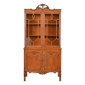 Romweber French Provincial Louis XV Burl Wood Breakfront Bookcase Cabinet, Circa 1920s