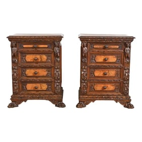 Antique Italian Renaissance Revival Carved Walnut and Burl Wood Bedside Chests, Circa 1900