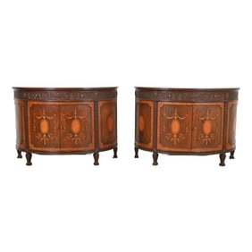 Baker Furniture French Regency Louis XVI Mahogany and Inlaid Marquetry Demilune Consoles
