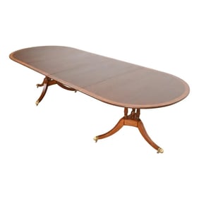 Baker Furniture Style Georgian Banded Mahogany Double Pedestal Extension Dining Table
