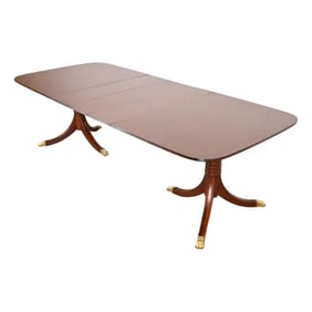 Baker Furniture Style Georgian Banded Mahogany Double Pedestal Extension Dining Table