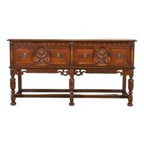 Berkey & Gay Antique English Jacobean Ornate Carved Walnut and Burl Wood Sideboard, Circa 1920s