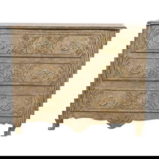 Baker Furniture French Provincial Louis XV Lacquered Commode or Chest of Drawers: A gorgeous French Provincial Louis XV style commode or chest of drawers By Baker Furniture USA, Circa 1960s Carved distressed lacquered walnut, with original brass hardware. Measures: 42"W x 18"D x 33
