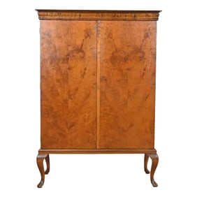 Romweber Style Queen Anne Burl Wood Bookcase or Bar Cabinet, Circa 1930s