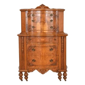 Romweber Style French Art Deco Burled Walnut Highboy Dresser, Circa 1920s
