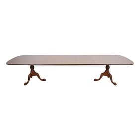 Baker Furniture Style English Georgian Monumental Banded Mahogany Double Pedestal Dining Table