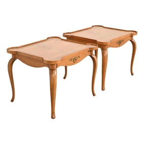 Baker Furniture French Provincial Louis XV Carved Cherry and Burl Wood Tea Tables or End Tables