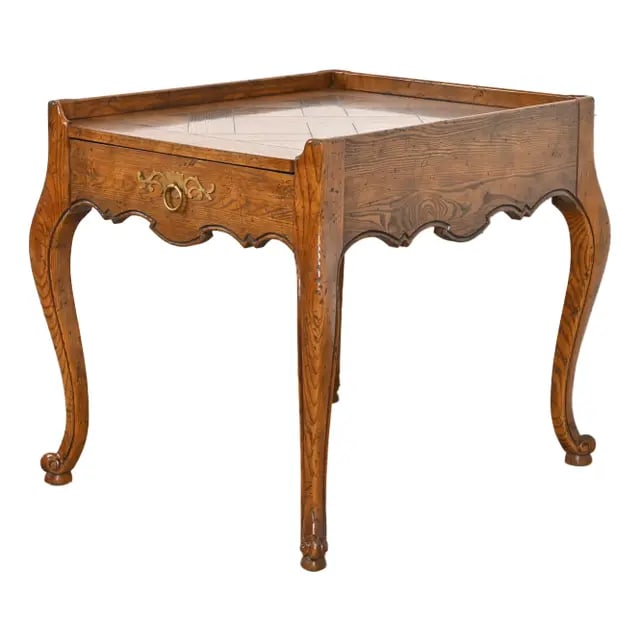 Baker Furniture French Provincial Louis XV Carved Oak and Burl Wood Tea Table or Occasional Side: A beautiful French Provincial Louis XV style tea table or occasional side table By Baker Furniture, "Milling Road" Collection USA, Circa 1960s Carved oak, with gorgeous oak and burl wood parquet top,
