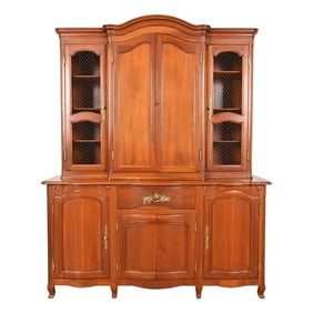 John Widdicomb French Provincial Louis XV Carved Cherry Wood Breakfront Bookcase Cabinet