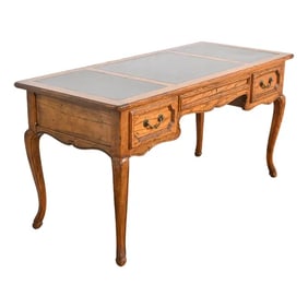 Baker Furniture French Provincial Louis XV Carved Oak Leather Top Bureau Plat Desk