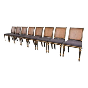 Baker Furniture French Regency Louis XVI Ebonized and Gold Gilt Cane Back Dining Chairs