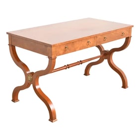 Baker Furniture Regency Burl Wood Writing Desk or Library Table, Newly Refinished