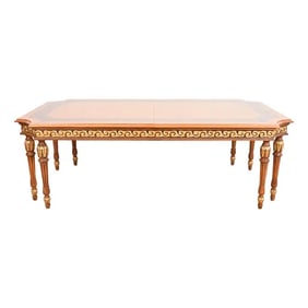 Versace Style Italian Neoclassical Inlaid Burl Wood and Parcel Gilt Extension Dining Table
