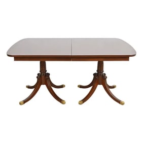 Baker Furniture Style Georgian Mahogany Double Pedestal Extension Dining Table, Newly Refinished