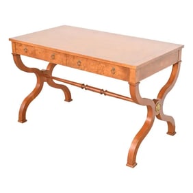 Baker Furniture Regency Burl Wood Writing Desk or Library Table, Newly Refinished