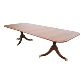 Stickley Georgian Banded Flame Mahogany Double Pedestal Extension Dining Table, Newly Refinished