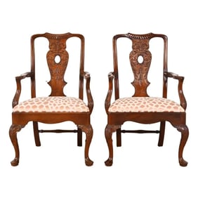 Henredon Chippendale Carved Mahogany Arm Chairs or Dining Captain Chairs, Pair