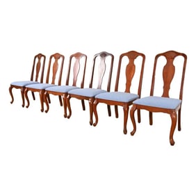 Ethan Allen Style Queen Anne Carved Mahogany Dining Chairs, Set of Six