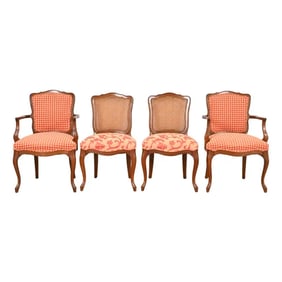 Kindel Furniture French Provincial Louis XV Carved Cherry Wood Cane Back Dining Chairs, Set of Four