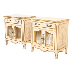 John Widdicomb French Rococo Louis XV Cream Lacquered and Parcel Gilt Nightstands, Circa 1950s