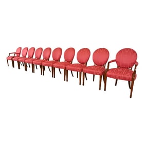 Baker Furniture Style French Regency Louis XVI Carved Mahogany Upholstered Dining Chairs, Set of Ten