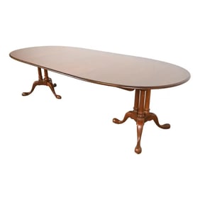 Baker Furniture Georgian Cherry Wood Double Pedestal Extension Dining Table, Newly Refinished