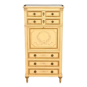 Karges French Regency Louis XVI Cream Lacquered Hand Painted Secretaire Abattant