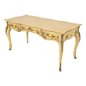 Karges French Louis XV Chinoiserie Cream Lacquered Leather Top Bureau Plat Desk With Mounted Bronze