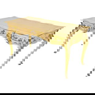 Karges French Louis XV Chinoiserie Cream Lacquered Leather Top Bureau Plat Desk With Mounted Bronze: A gorgeous French Louis XV Chinoiserie style writing desk or bureau plat desk By Karges USA, Circa 1980s Cream lacquered walnut, with hand-painted Asian scenes, ornate bronze ormolu mounts, and emboss