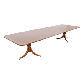Baker Furniture Style Georgian Banded Mahogany Double Pedestal Extension Dining Table