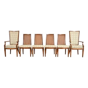 Henredon Style French Regency Louis XVI Carved Walnut and Cane Back Dining Chairs, Set of Six