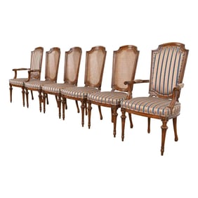 Henredon Style French Regency Louis XVI Carved Walnut and Cane Back Dining Chairs, Set of Six