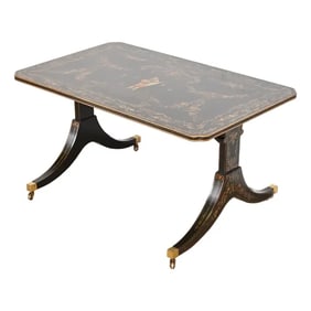 Baker Furniture Style Italian Regency Hand Painted Black Lacquered Coffee Table, Circa 1960s