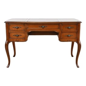 Sligh Furniture French Provincial Louis XV Carved Cherry Wood Leather Top Writing Desk, Circa 1960s