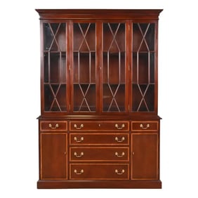 Kittinger Georgian Banded Mahogany Lighted Breakfront Bookcase Cabinet