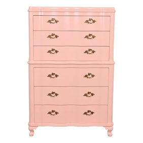 John Widdicomb French Provincial Louis XV Pink Lacquered Highboy Dresser, Newly Refinished