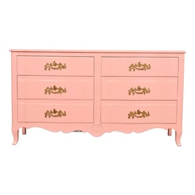 John Widdicomb French Provincial Louis XV Pink Lacquered Six-Drawer Dresser, Newly Refinished