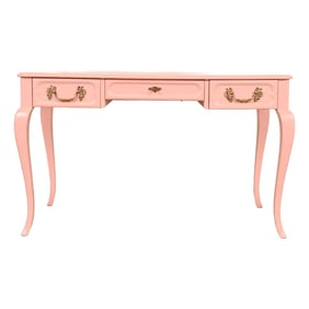 Baker Furniture French Provincial Louis XV Pink Lacquered Writing Desk, Newly Refinished