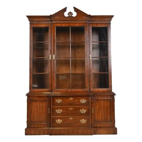 Drexel Heritage Georgian Carved Mahogany Lighted Breakfront Bookcase Cabinet