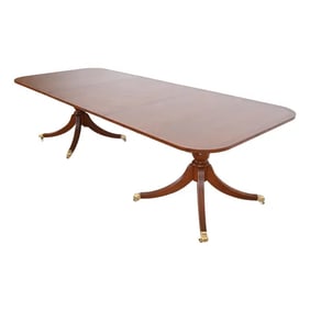 Baker Furniture Style Georgian Banded Mahogany Double Pedestal Extension Dining Table