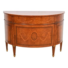 Baker Furniture Style French Regency Louis XVI Burl Wood and Inlaid Marquetry Demilune Chest