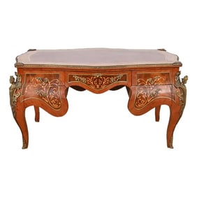Paul Sormani Style Antique French Louis XV Kingwood and Burl Wood Bureau Plat Leather Top Desk