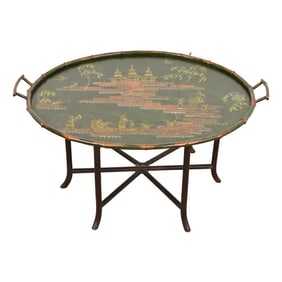 Baker Furniture Style Hollywood Regency Chinoiserie Faux Bamboo Tole Tray Coffee Table