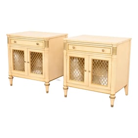 Kindel Furniture French Regency Louis XVI Cream Lacquered Parcel Gilt Nightstands, Pair