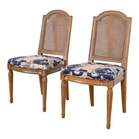 Henredon French Regency Louis XVI Carved Walnut Cane Back Dining Chairs or Side Chairs, Pair