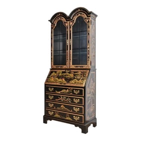 Georgian Chinoiserie Black Lacquered Hand-Painted Drop Front Secretary Desk With Bookcase Hutch