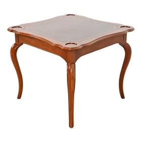 Baker Furniture French Provincial Louis XV Carved Cherry Wood Leather Top Game Table, Circa 1960s