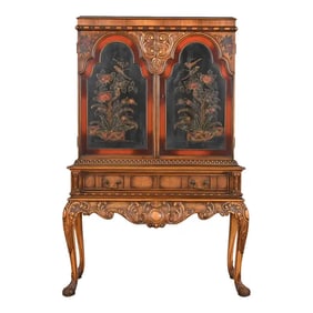 Berkey & Gay Antique Georgian Chinoiserie Burled Walnut and Hand Painted Bookcase or Bar Cabinet