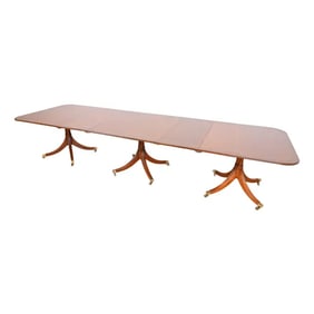 Baker Furniture Style Georgian Banded Mahogany Triple Pedestal Extension Dining Table